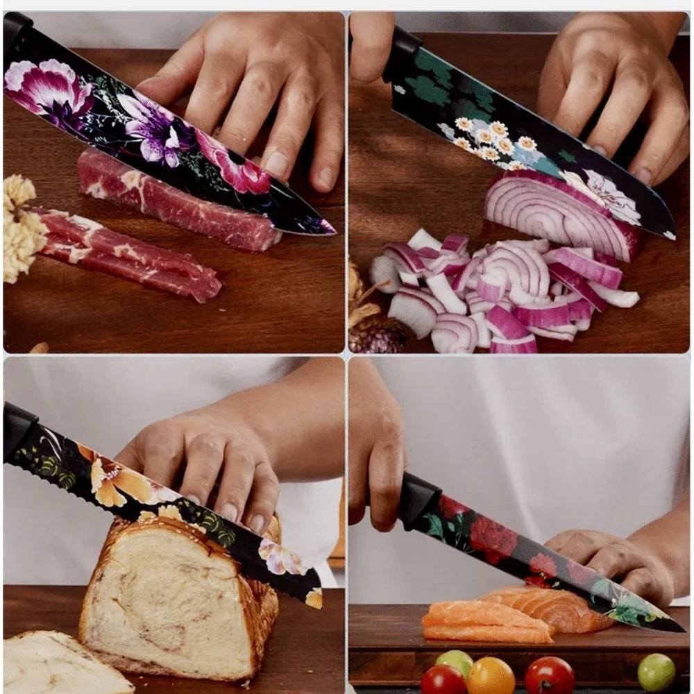 Astercook Knife Set 6 Piece Flower Kitchen Stainless Steel 6 Blade Guards Black‎